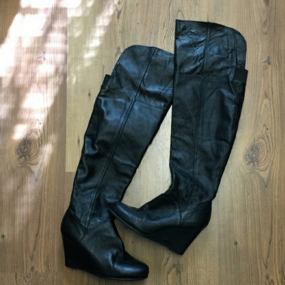 Black Over The Knee leather Wedge Boots